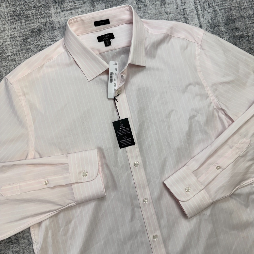 J Crew Dress Shirt Mens 17.5 36 Slim Pink Striped Ludlow Button‎ Up Stretch NEW